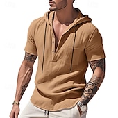 cheap Vacation-Men&#039;s Shirt Linen Shirt Popover Shirt Casual Shirt Cotton Shirt Plain Vacation Street Black White Navy Blue Brown Short Sleeve Hooded Summer Clothing Apparel Lace up