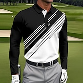 cheap Men&#039;s Golf Polo-Men&#039;s Geometic Line Polo Long Sleeve Polo Shirts Collared Shirts Sportswear Athleisure Daily Wear 3D Print Spring Fall Winter Black Red Navy Blue