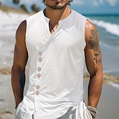 economico Vacanza-Per uomo Camicia Camicia di lino Camicia Estiva Camicia da Spiaggia Camicia vintage Maglietta senza maniche Semplice Vacanza Ferie Nero Bianco Blu Cachi Senza Maniche Collo alla coreana Estate