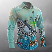 halpa Vintage paita-Great White Wave by David Lozeau miesten pääkallohai-aiheinen napitettava pitkähihainen designer-paita, rajoitettu taiteilijaerä