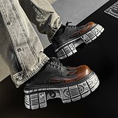 ieftine Cizme de motociclism-Pantofi Oxford cu platformă gotică pentru bărbați, cu flăcări – pantofi cu talpă groasă în stil punk pentru cosplay, Halloween și streetwear