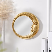 abordables esculturas de pared-Espejo de pared con cara de luna de resina dorada, espejo colgante artístico redondo para decoración de pared de fondo del hogar, espejo de maquillaje creativo para tocador, decoración de pared y