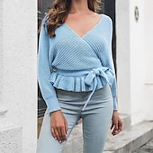 Női Pulóver Alkalmi Tömör szín Vaskos V-alakú Kötött Hosszú ujj Crop Tops Kötött Napi Szabadság Alkalmi Sárga Rubin Ősz Tél olcso Szilárd színek-Női Pulóver Alkalmi Tömör szín Vaskos V-alakú Kötött Hosszú ujj Crop Tops Kötött Napi Szabadság Alkalmi Sárga Rubin Ősz Tél