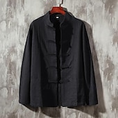 economico Casual da lavoro-Per uomo Camicia Camicia di lino Camicia con colletto cinese Camicia con colletto alla coreana Camicia casual Camicia di cotone Semplice Vacanza Camicia hawaiana Nero Bianco Blu marino Beige Manica