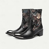abordables Bottes en cuir haut de gamme-Bottes de motard western noires en cuir de vachette pour hommes avec broderie florale et bout en métal, style cowboy rétro pour la conduite à moto, les événements country et la mode festival