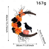 abordables Couronnes d&#039;Halloween et Décorations Florales-Couronne d&#039;Halloween pour décoration intérieure et extérieure de porte d&#039;entrée, guirlande de lune de corbeau noir orange avec citrouille, brindilles, anneau de vigne pour décoration murale de fête