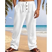 cheap Holiday-Men&#039;s Linen Pants Trousers Summer Pants Beach Pants Pocket Elastic Waist Drawstring Plain Comfort Breathable Vacation Daily Holiday Hawaiian Boho Dark Khaki Black