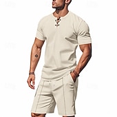 economico T-shirt set da uomo-Per uomo Camicia a nido d&#039;ape Completi T-shirt Outfit 2 pezzi Maglietta e pantaloncini Manica Corta Scollo a V Estate Semplice Moda Casual Allacciato 2 Pezzi Vacanza Abbigliamento quotidiano Uscire
