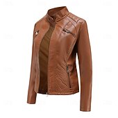economico Giacche in finta pelle-Per donna Giacca in Ecopelle Confortevole Tasca Cerniera completa Moda Stile da Strada Semplice All&#039;aperto Casual Quotidiano Regolare Collo alla coreana Vestibilità regolare Manica Lunga Capispalla