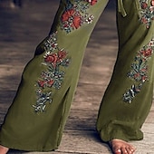 abordables pierna ancha y cintura alta-Pantalones anchos bohemios para mujer, largos, con estampado de flores naturales, bolsillos y cordón elástico, cómodos para exteriores, vacaciones, fin de semana, color verde, corte regular.