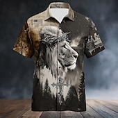 abordables Camisa vintage-Hombre León Cruz Templaria Camisa Camisa de verano Abotonar la camisa Manga Corta retro de la vendimia Uso Diario Festivos Verano Primavera Cuello Vuelto Impresión 3D camisas con cuello Un bolsillo
