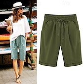 billiga Bermudashorts-loungeshorts för kvinnor i ren färg elastisk midja med dragsko enkel avslappnad komfort hem daglig semester ventilerande ficka fempunktsbyxor