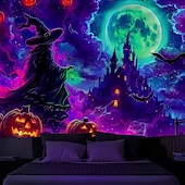 cheap Halloween Garage Door Cover-Halloween Blacklight Tapestry Witch Castle UV Reactive Glow in the Dark Forest Trippy Mountain Misty Graveyard Ghost Hanging Tapestry Wall Art Mural for Living Room Bedroom