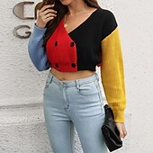 preiswerte Einfarbige Farben-Damen Strickjacke Lässig Farbblock Grobstrick V Ausschnitt Gestrickt Langarm Crop Tops Stricken Täglich Ferien Ausgehen Rote Herbst Winter