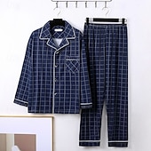 baratos Pijamas-Homens Roupa de Dormir Conjunto de Pijama Top e calça de pijama 1conjunto Xadrez Moda à moda Clássico Casa Diário De Cama Poliéster Conforto Macio Respirável Lapela Manga Longa Camisa Social Calça
