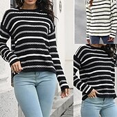 Női Pulóver Alkalmi Csíkos Vaskos Terített nyak Kötött Hosszú ujj Normál felsők Kötött Napi Szabadság Alkalmi Fekete Sárgabarack Ősz Tél olcso Grafikus minták és részletek-Női Pulóver Alkalmi Csíkos Vaskos Terített nyak Kötött Hosszú ujj Normál felsők Kötött Napi Szabadság Alkalmi Fekete Sárgabarack Ősz Tél