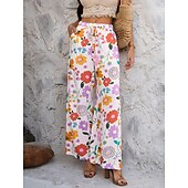 abordables jambe large et taille haute-Femmes Jambe large Chinos Vacances ancien Mode Longueur complète Taille haute Fleuri Ceinture Élastique Impression Confortable Doux Micro-Élastique Extérieur Vacances Rue Blanche Jaune Rose Claire