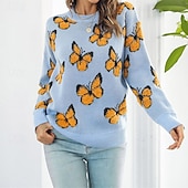 economico Motivi grafici e dettagli-Per donna Maglione Casual Farfalla Spesso Girocollo Lavorato a maglia Manica Lunga Top Regolari Maglia Quotidiano Ferie Uscire Blu Viola Autunno Inverno