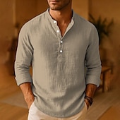 preiswerte Baumwoll-Leinenhemd-Herren Hemd Leinenhemd Popover-Hemd Freizeithemd Baumwollhemd Einfach Urlaub Hawaiianisch Schwarz Weiß Rosa Khaki Langarm Stehkragen Frühling Herbst Bekleidung