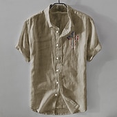 preiswerte Business Casual-Herren Leinenhemd Freizeithemd Baumwoll-Leinen-Hemd Knopfhemd Muster Urlaub Straße Weiß Dunkelmarine Himmelblau Khaki Kurzarm Revers Sommer Bekleidung Schnalle
