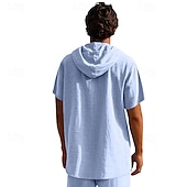 cheap Vacation-Men&#039;s Shirt Linen Shirt Popover Shirt Casual Shirt Cotton Shirt Plain Vacation Street Black White Navy Blue Brown Short Sleeve Hooded Summer Clothing Apparel Lace up