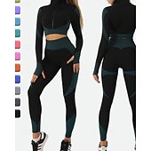 abordables Conjuntos y Monos-Mujer 2 Piezas Conjunto deportivo de yoga Conjuntos para estar en casa Otoño Retazos Bloque de color Trajes de Yoga Ejercito verde Negro Entrenamiento de gimnasio Alta cintura Secado rápido Eslático