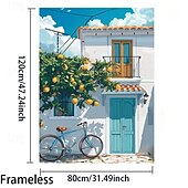 お買い得  風景画 プリント-鮮やかな地中海のレモンの木と白い家のキャンバスアート作品1点。リビングルーム、寝室、ホームオフィスに最適。青い自転車と光る窓のある魅力的な街の景色を演出するホームデコレーション。