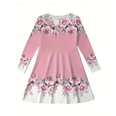 cheap 3D Flower Dress-Girls&#039; 3D Floral Rose Dress Long Sleeve Summer Spring Vacation Daily Holiday Princess Beautiful Sweet Kids 4-12 Years Casual Dress A Line Dress Knee-length Regular Fit
