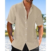 preiswerte Urlaub-Herren Hemd Leinenhemd Freizeithemd Knopfhemd Baumwollhemd Einfach Urlaub Straße Schwarz Weiß Grün Aprikose Kurzarm Stehkragen Sommer Frühling Bekleidung Button-Down