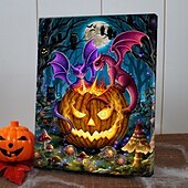 preiswerte Halloween-Wandteppiche-Halloween-LED-Wandbild auf Leinwand, der leuchtende Kürbis von Sarah Richter, LED-beleuchtete Wanddekoration, batteriebetrieben, beleuchteter Leinwanddruck, LED-Licht, Küche, Schlafzimmer oder