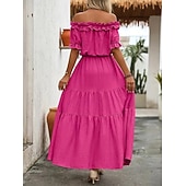preiswerte Lässige Blumenkleider-Damen Langes Kleid Maxikleid Schwingkleid Sommerkleid Elegant Ausgehen Sommerkleid Normale Passform Einfarbig Kurzarm Schulterfrei Schwarz Rote Rosenrot Aprikose Sommer