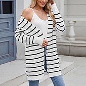 abordables Cardigans et vêtements d&#039;extérieur-Femmes Pull Cardigan Mode Streetwear Quotidien Rayé Côtelé Ouvert devant Tricoté manche longue Hauts Longs Tricoter Fête Sortir Week-end Blanc / Noir Noir Automne Hiver