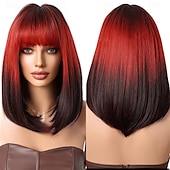economico Parrucche da festa-Parrucche bob nere e rosse con frangia, parrucche corte rosse e nere per donne nere, parrucca sintetica da 16 pollici, parrucche per cosplay, parrucche per feste di Halloween.