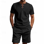 economico T-shirt set da uomo-Per uomo Camicia a nido d&#039;ape Completi T-shirt Outfit 2 pezzi Maglietta e pantaloncini Manica Corta Scollo a V Estate Semplice Moda Casual Allacciato 2 Pezzi Vacanza Abbigliamento quotidiano Uscire