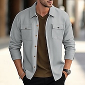 baratos Casacos &amp; Sobretudos para Homem-Homens jaqueta leve Jaqueta Waffle Jaqueta de Camisa Jaqueta casual Férias Diário Respirável Bolsos Primavera Outono Tecido Moda Clássico Lapela Padrão Preto Branco Vinho Verde Escuro cáqui Casaco
