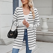 abordables Cardigans et vêtements d&#039;extérieur-Femmes Pull Cardigan Mode Streetwear Quotidien Rayé Côtelé Ouvert devant Tricoté manche longue Hauts Longs Tricoter Fête Sortir Week-end Blanc / Noir Noir Automne Hiver