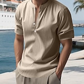 economico Vacanza-Per uomo Camicia Camicia di lino Camicia popover Camicia casual Camicia di cotone Semplice Vacanza Streetwear Nero Bianco Cachi Azzurro Manica Corta Colletto alla coreana Estate Abbigliamento