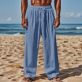 cheap Holiday-Men&#039;s Linen Pants Trousers Summer Pants Baggy Pants Beach Pants Elastic Waist Drawstring Straight Leg Plain Comfort Breathable Full Length Casual Daily Holiday Vacation Fashion White Pink Inelastic