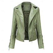 cheap Faux Leather Jackets-Women&#039;s Faux Leather Jacket Comfortable Full Zip Fashion Street Style Plain Outdoor Casual Daily Regular Turndown Regular Fit Long Sleeve Outerwear Black Red Green Spring Fall