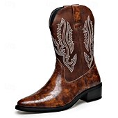 abordables Cowboy et bottes occidentales-Bottes de cowboy western brodées en similicuir pour homme – Bottes de rodéo marron à bout carré pour les tenues de ferme, de festival et décontractées