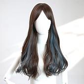 baratos Perucas de festa-Peruca ondulada bicolor preta e azul de 22 polegadas para mulheres – franja completa, cabelo comprido, perfeita para looks de Halloween, cosplay e moda