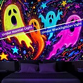 preiswerte Halloween Garagentorabdeckung-Halloween Schwarzlicht Wandteppich süßer Geist UV reaktiv Leuchten im Dunkeln Wald verzerrter Berg nebliger Friedhof Geist hängender Wandteppich Wandkunst Wandmalerei für Wohnzimmer Schlafzimmer