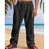 cheap Holiday-Men&#039;s Linen Pants Trousers Summer Pants Beach Pants Pocket Elastic Waist Drawstring Plain Comfort Breathable Vacation Daily Holiday Hawaiian Boho Dark Khaki Black