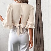 olcso Női Egyszerű Felsők-Női Nyári felsők Wrap Crop Top Sima Napi Stílusos Alap Hosszú ujj Lámpás hüvely V-alakú Crop Tops Munka Napi Szabadság Tunika Fekete Sárgabarack Tavasz Ősz
