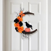 abordables Couronnes d&#039;Halloween et Décorations Florales-Couronne d&#039;Halloween pour décoration intérieure et extérieure de porte d&#039;entrée, guirlande de lune de corbeau noir orange avec citrouille, brindilles, anneau de vigne pour décoration murale de fête