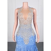 abordables Robes de Soirée Sirène-Robe de soirée sirène  trompette élégante robe formelle bal traîne balayage  brosse sans manches col rond sequin dos nu avec applications en sequins