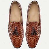 levne Poloformální-Pánské hnědé mokasíny s tkanými střapci z umělé kůže – vintage design nazouvacích bot pro stylové gentlemany, bankety a letní svatby