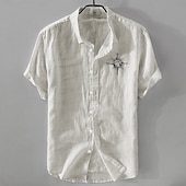 preiswerte Business Casual-Herren Leinenhemd Freizeithemd Baumwoll-Leinen-Hemd Knopfhemd Muster Urlaub Straße Weiß Dunkelmarine Himmelblau Khaki Kurzarm Revers Sommer Bekleidung Button-Down