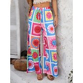 abordables jambe large et taille haute-Femmes Jambe large Chinos Vacances ancien Mode Longueur complète Taille haute Fleuri Ceinture Élastique Impression Confortable Doux Micro-Élastique Extérieur Vacances Rue Blanche Jaune Rose Claire