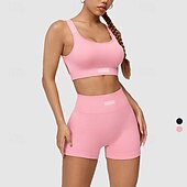 tanie Zestawy i jednoczęściowe-Damskie 2 elementy Staniki sportowe Zestawy treningowe Stroje do jogi Wyściełany Jednokolorowe Zestawy odzież Lato Czarny Różowy Trening w siłowni Siatkówka Bieganie Wysoka talia Elastyczny